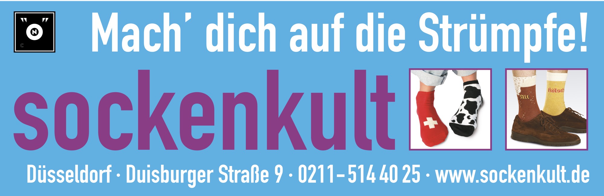 Abbildung des Fahrzeugaufklebers mit der Überschrift 'Mach dich auf die Strümpfe!' Sockenkult