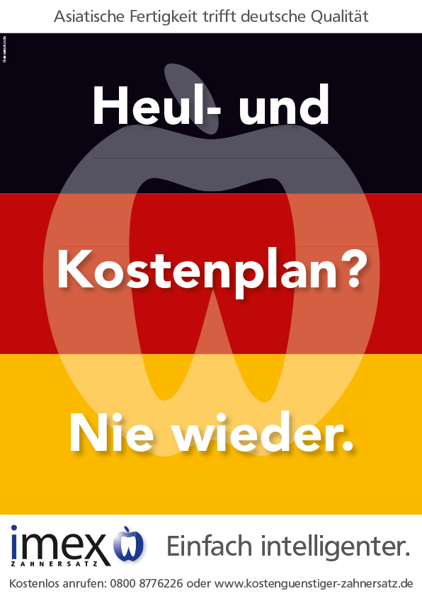 Abbildung eines City-Light Posters für imex Zahnersatz mit dem Motiv 'Heul- und Kostenplan? Nie wieder.'