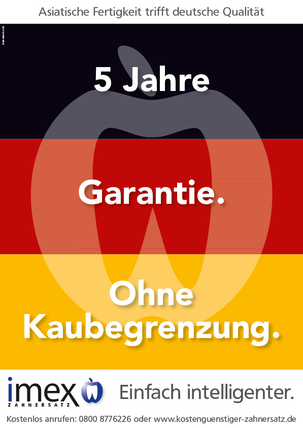 Abbildung eines City-Light Posters für imex Zahnersatz mit dem Motiv '5 Jahre Garantie. Ohne Kaubegrenzung.'